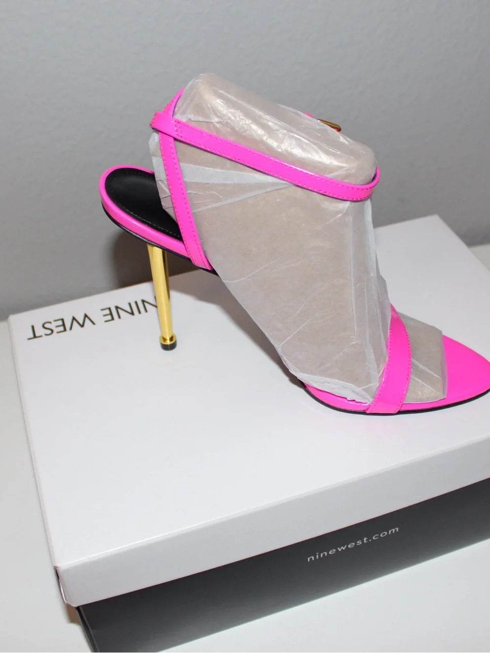 Nine West Hot Pink Open-Toe Stiletto Sandals with Gold Heel